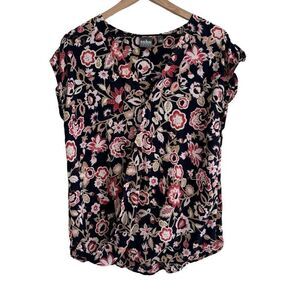 New York & Company Soho Large Navy Paisley Floral Short Sleeve Blouse